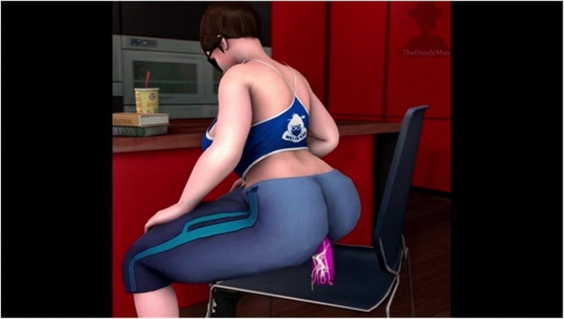 Mei sits on a huge dildo