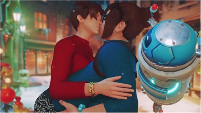 Mei and Tracer making out under the mistletoe