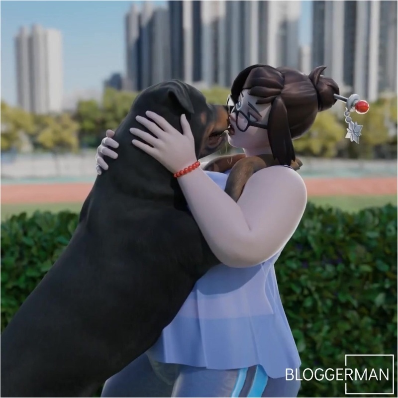 Mei kisses her dog