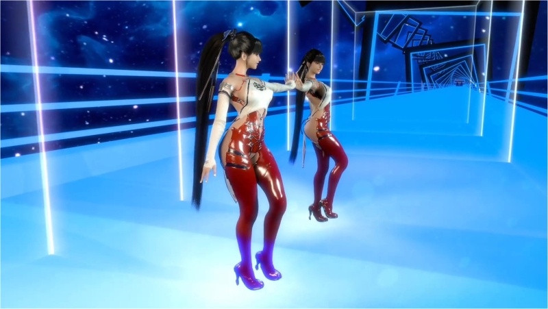 Youthful beauty Eve in provocative bodysuit poses alone against mirror