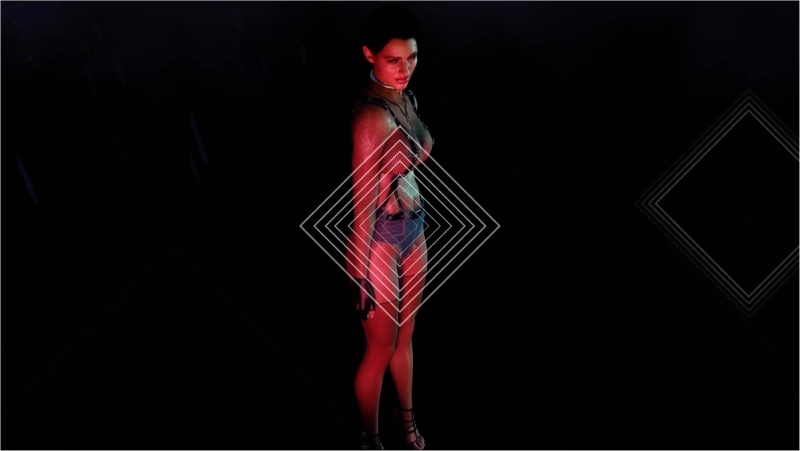 Toned wanton Jill Valentine in slutty outfit dancing against acidic sky