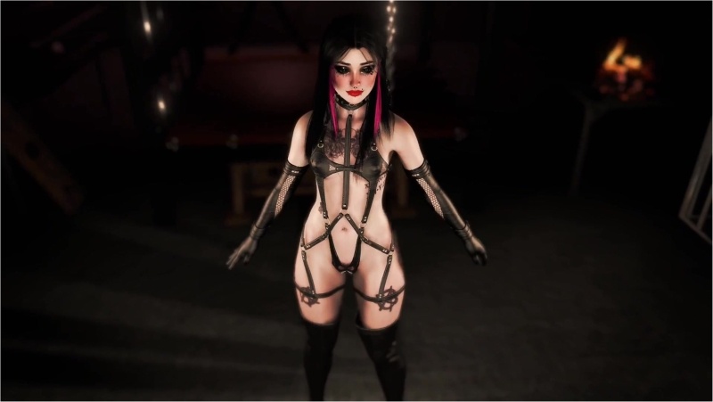 Enticing tattoo baby in BDSM outfit warms you up before game in basement