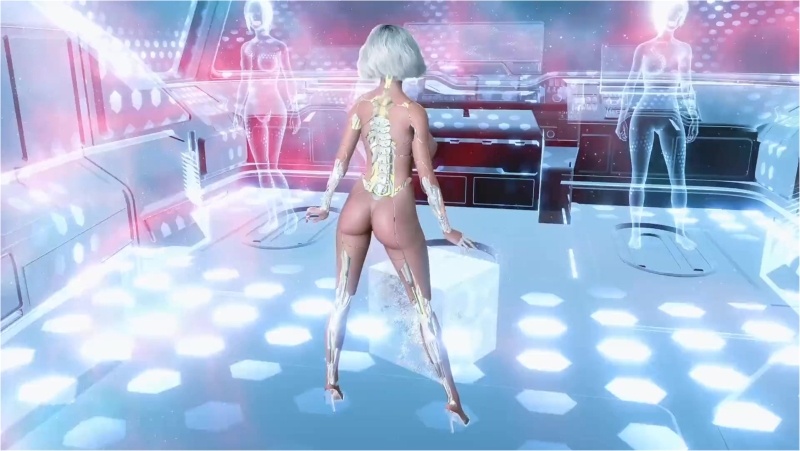 Busty futuristic sexbot with a perfect body tempts you to buy her for home