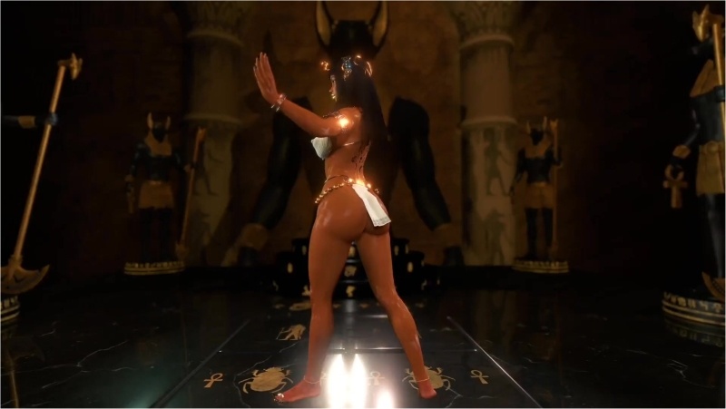 Gorgeous egyptian priestess propitiates the Anubis with depraved dances