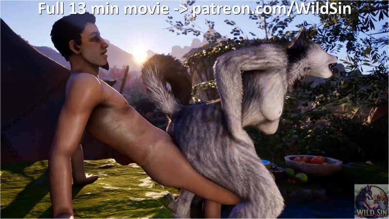 Werewolf Girl sensually fucks with Man at sunset in a pond