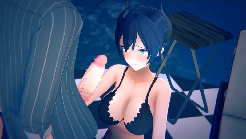 Bluehaired girl in lingerie practicing handjobs